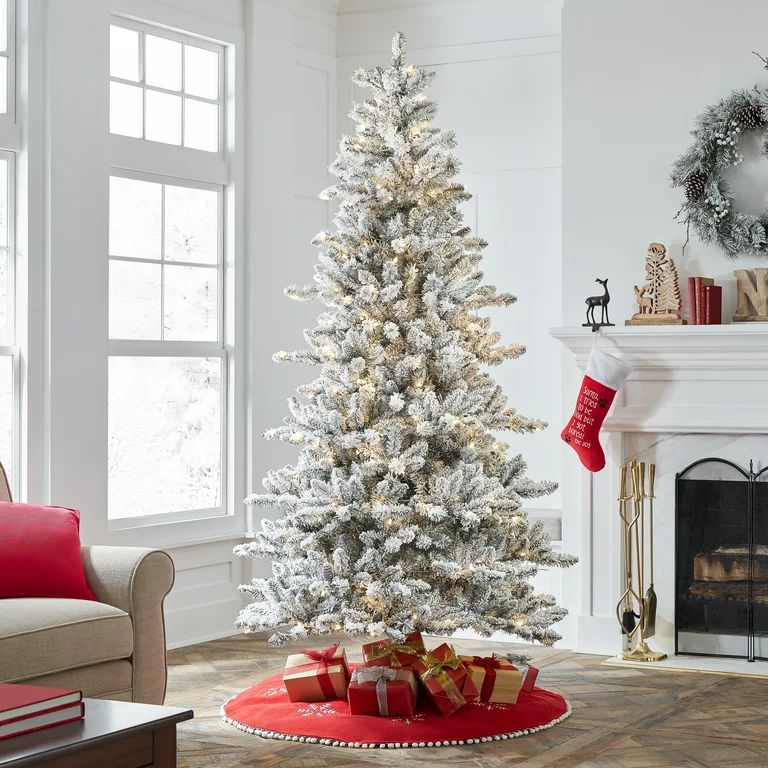 Holiday Time 7.5ft Pre-Lit Flocked Birmingham Fir Artificial Christmas Tree, Warm White LED, Gree... | Walmart (US)