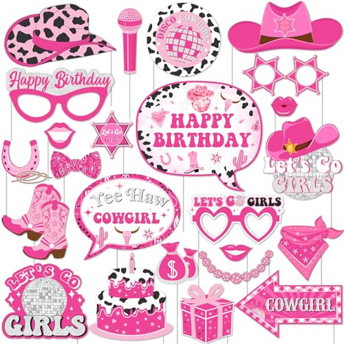 JOYMEMO 24 Pieces Disco Cowgirl Birthday Photo Booth Props - Space Cowgirl Birthday Party Decorations, Let's Go Girls Western Disco Space Cowgirl Themed Birthday Party Supplies | Amazon (US)
