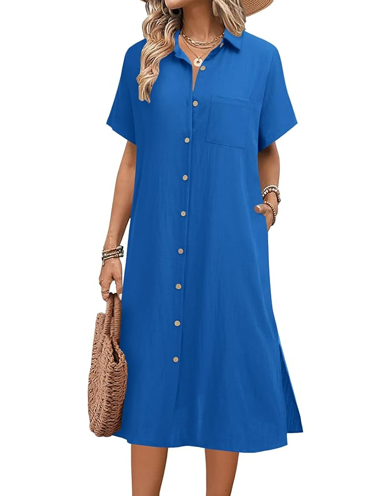 HOTOUCH Womens Dress Summer Casual Midi Short Sleeve Button Down Shirt Dresses Loose Beach Cover ... | Amazon (US)