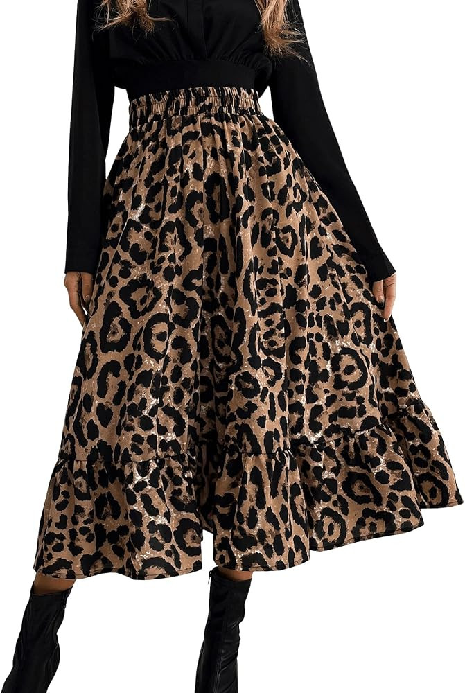 SweatyRocks Women's High Elastic Waist Ruffle Hem Pleated A Line Midi Skirt Leopard M at Amazon W... | Amazon (US)