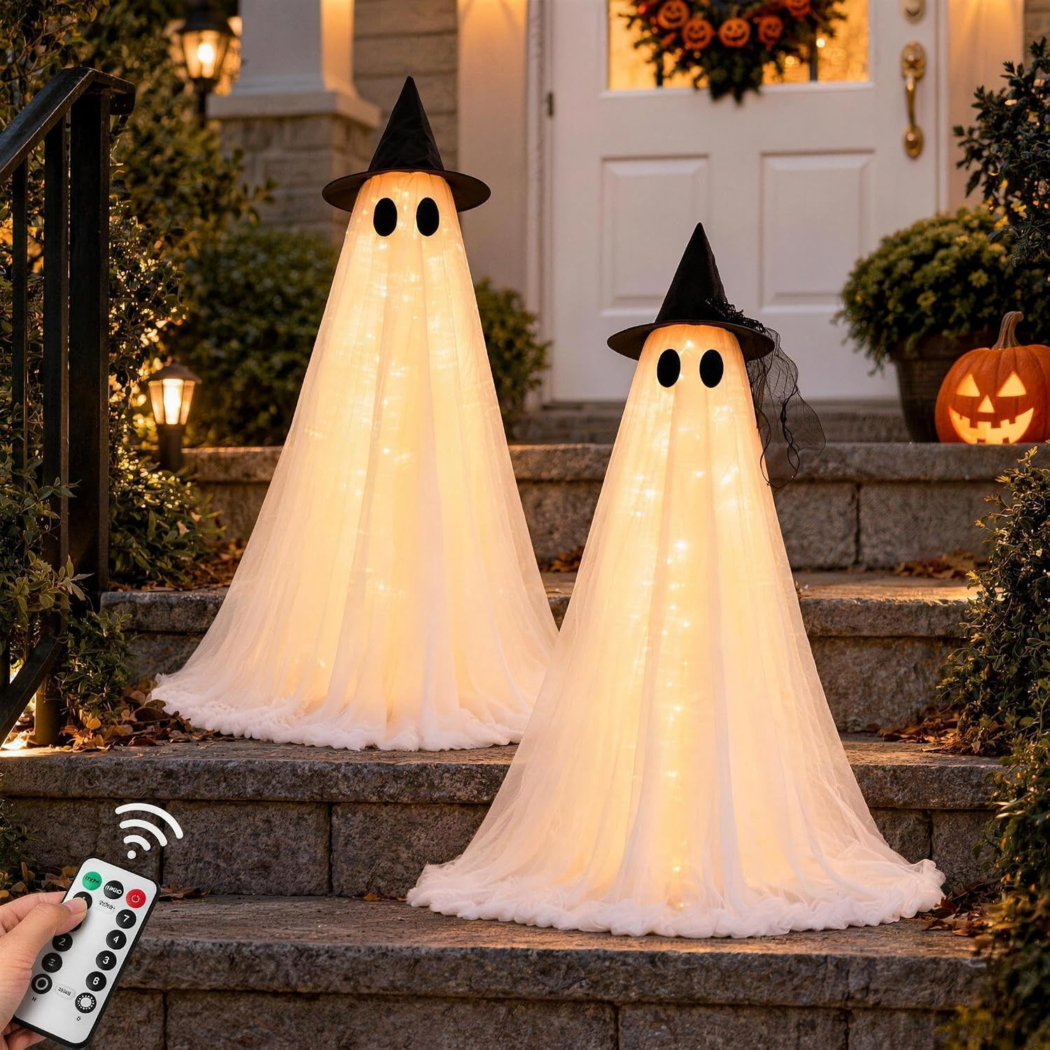 2 Pack 2.6ft Height-Adjustable Light up Ghost Halloween Decor with Timer | Amazon (US)