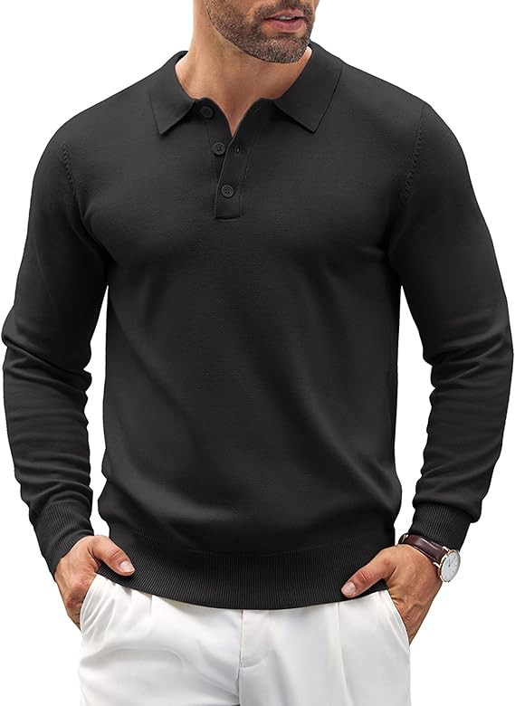 COOFANDY Mens Knit Polo Shirts Casual Long Sleeve Classic Polo Shirts Button Down Golf Shirts | Amazon (US)