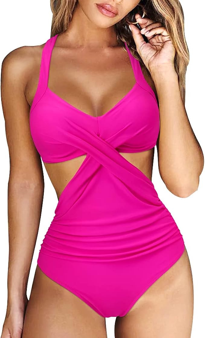 RXRXCOCO Women Front Cross Cutout One Piece Swimsuit Tummy Control High Waisted Monokini Bathing ... | Amazon (US)