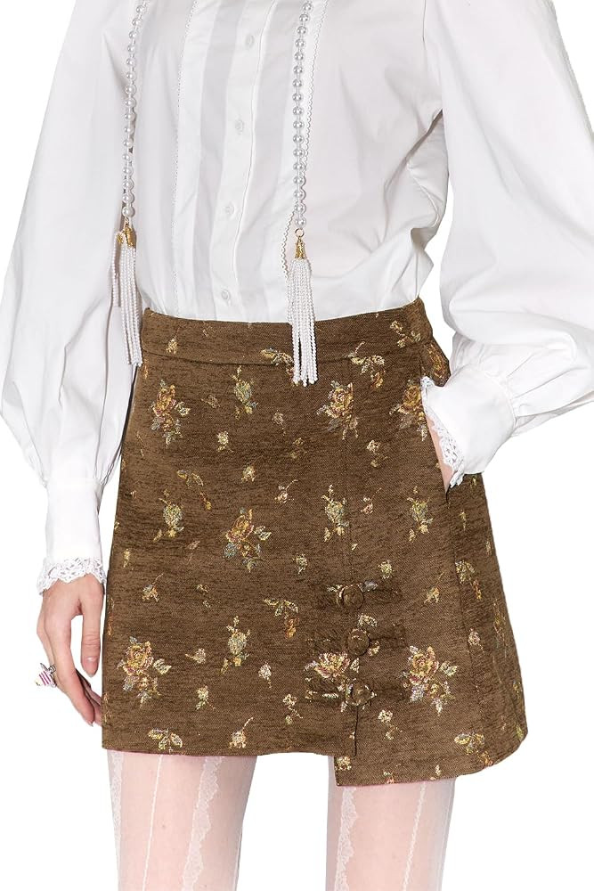 Women's Floral Embroidered Mini Skirt with Chinese Knot Buttons, Vintage A-Line High Waist Skirt | Amazon (US)