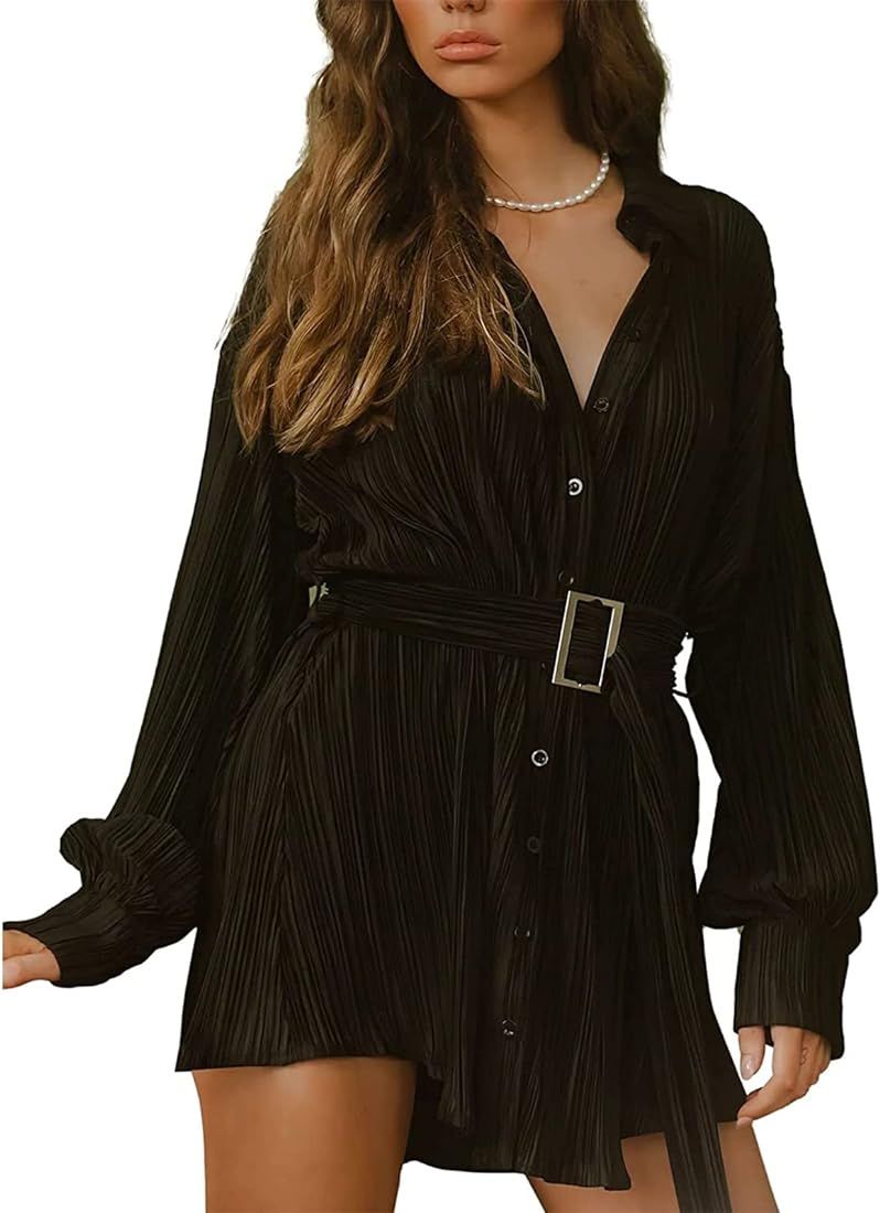 Women Shirt Dresses Long Sleeve Pleated Mini Dress Casual Button Down Tunic Tops with Belt Vintag... | Amazon (US)