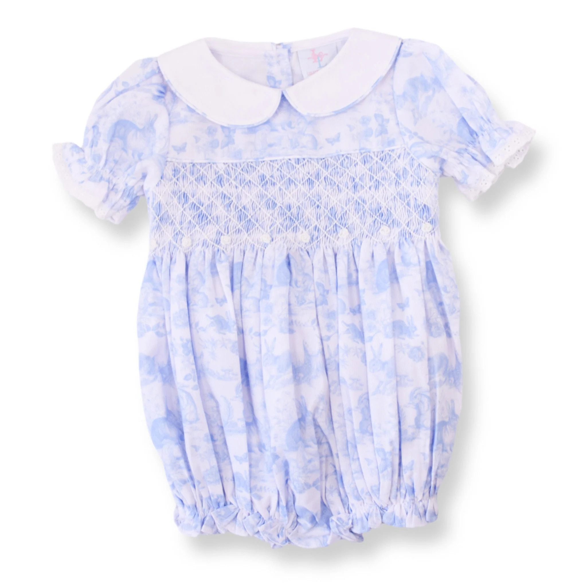 PRE-ORDER Blue Easter Bunny Toile Smocked Bubble | Lillie & Lilah