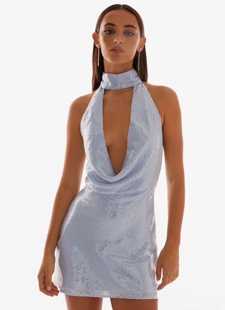Nora Sequin Cowl Neck Mini Dress - Blue | Peppermayo (Global)
