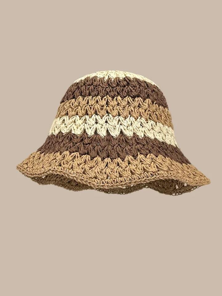 1pc Women Color Block Striped Straw Bucket Hat For Travel | SHEIN