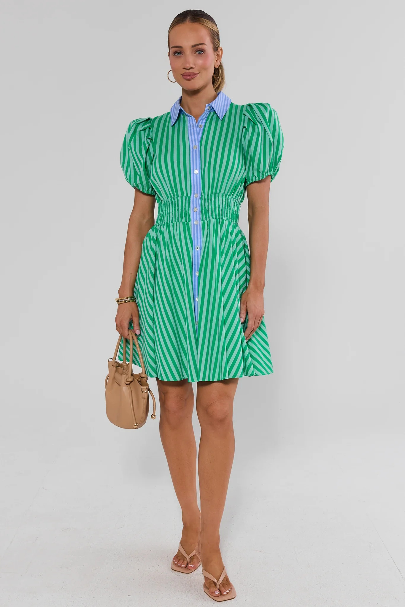 Green Striped Button Up Short Dress | Avara