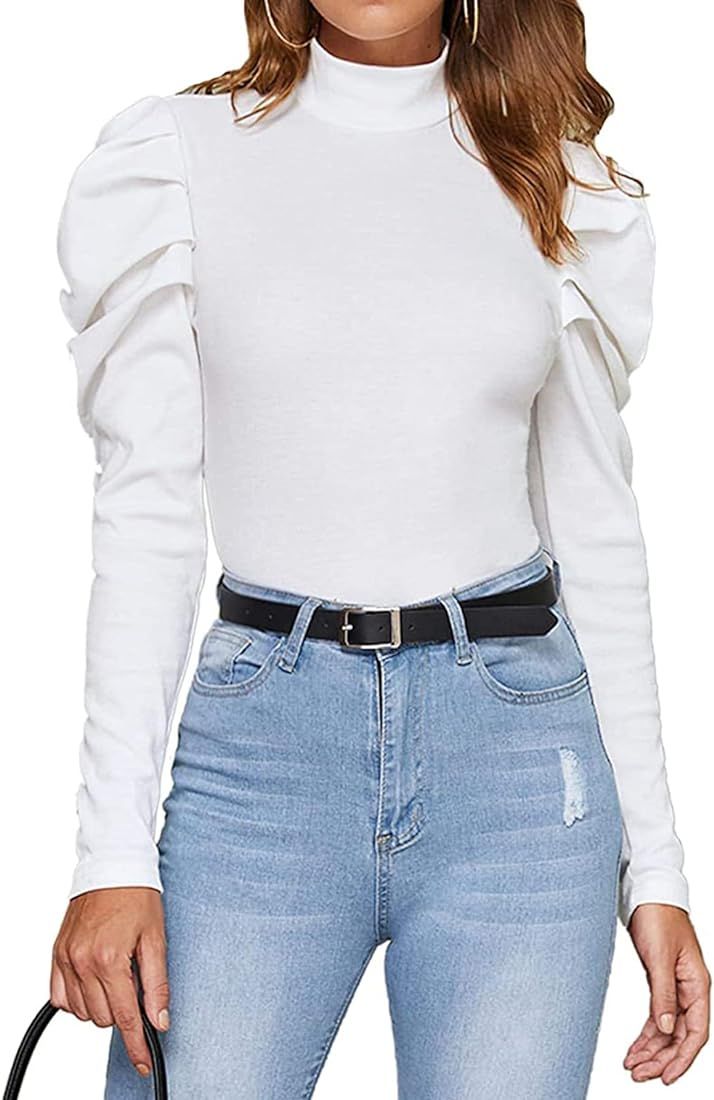 GORGLITTER Women's Elegant Mock Neck Puff Long Sleeve Tops Rib Knitted Solid Blouse Tee T-Shirt | Amazon (US)
