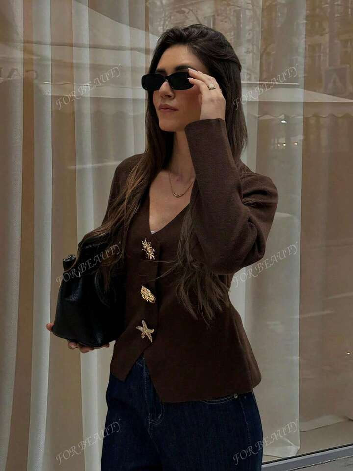 Nuovo Cardigan Asimmetrico Con Scollo A V E Bottoni In Maglia Per Donne, Marrone, Per Autunno E Inverno. Stile Elegante, Semplice, Atmosferico E Casual, Adatto Per L'uso Quotidiano. Maglione Da Donna In Stile Oversize, Perfetto Per L'autunno E Ognissanti. | SHEIN