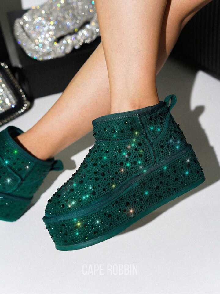 Kyumi Rhinestone Suede Fur-Lined Booties | SHEIN