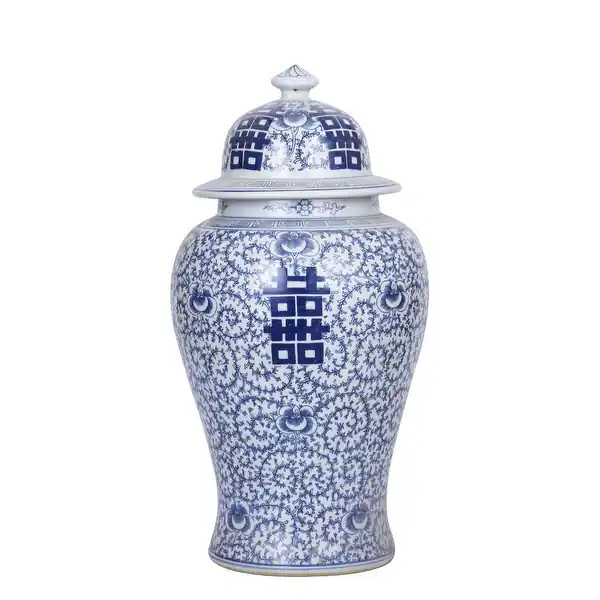 Blue and White Double Happiness Floral Temple Jar - Large - Bed Bath & Beyond - 35760881 | Bed Bath & Beyond