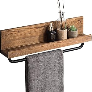 MyGift 22 Inch Rustic Burnt Wood Wall Ledge Shelf and Towel Bar with Industrial Metal Pipe, Wall Mou | Amazon (US)