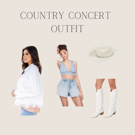 Country concert outfit inspo, white denim fringe jacket, denim two piece, white cowboy boots, cowboy hat 

#LTKstyletip #LTKunder50 #LTKunder100