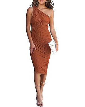 PRETTYGARDEN Women's Ruched Bodycon Dress 2023 Summer One Shoulder Sleeveless Party Cocktail Penc... | Amazon (US)