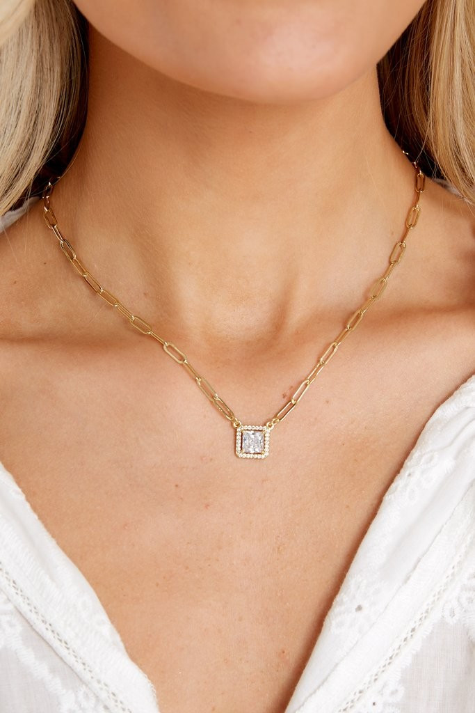 Square Crystal Gold Necklace | Red Dress 