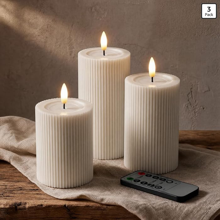 Fluted Ribbed LED Pillar Candles, Cream Beige, with Reflective Melted-Wax Effect \u2013 Flickerin... | Amazon (US)