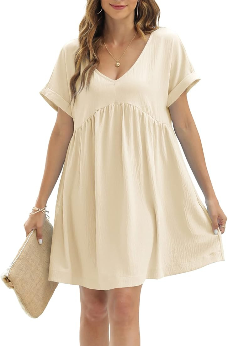 Erzto Womens Baby Doll Dress V Neck Ruffle Short Sleeve Casual Dresses | Amazon (US)