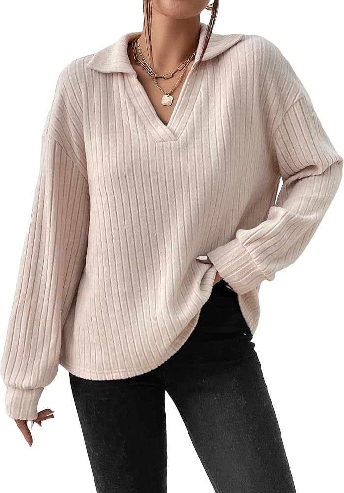 Verdusa Women's Collar V Neck Long Sleeve Loose Sweater Top | Amazon (US)