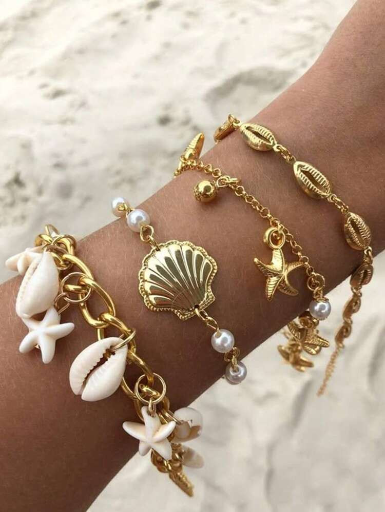 4pcs/Set Bohemian Shell, Starfish & Imitated Pearl Decor Multi-Layered Bracelet Set, Suitable For Women Beach Holiday Wear, Summer Accessories | SHEIN