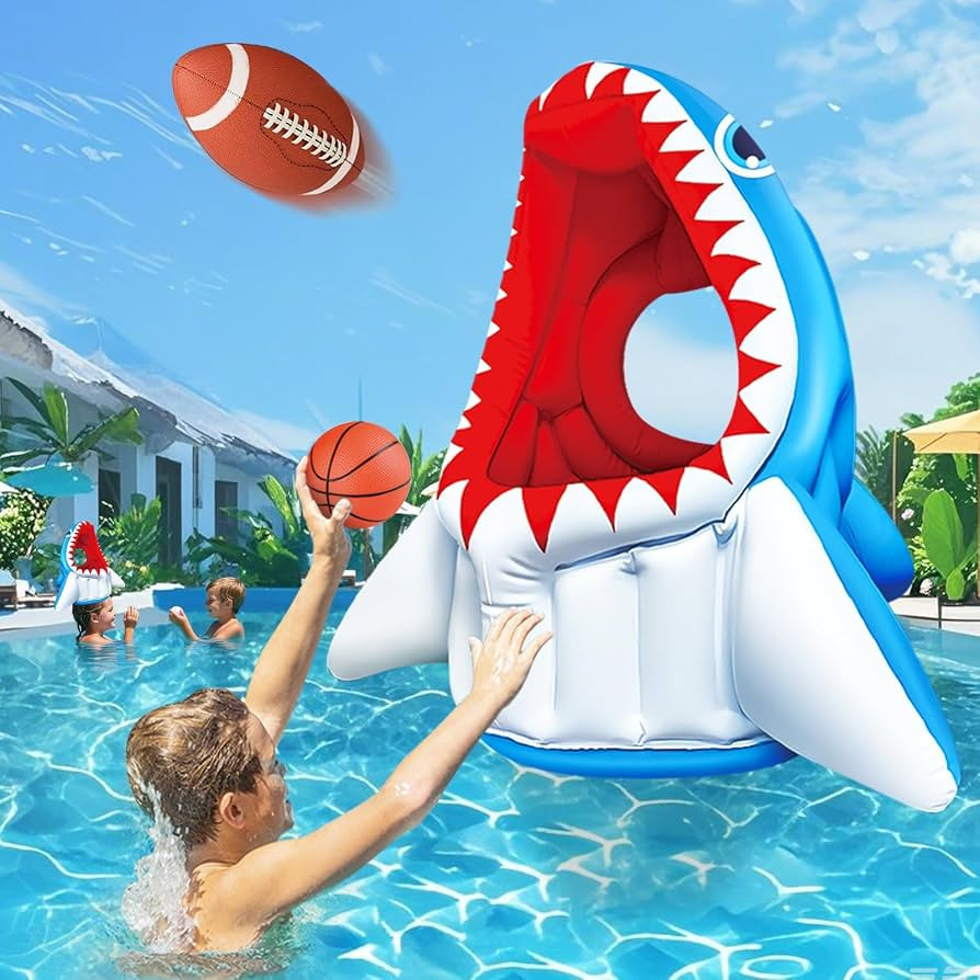 Inflatable Shark Toys, Swimming Pool Games 3-in-1 Shark Basketball & Football & Head Hoop Pool To... | Amazon (US)