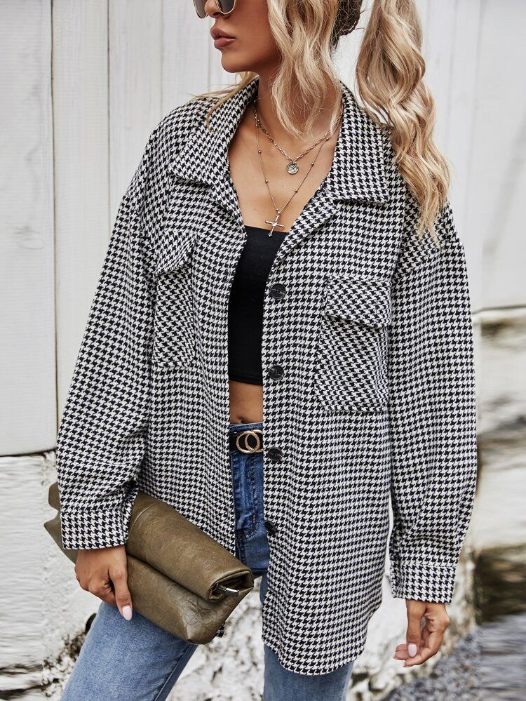Houndstooth Print Button Up Overcoat | SHEIN