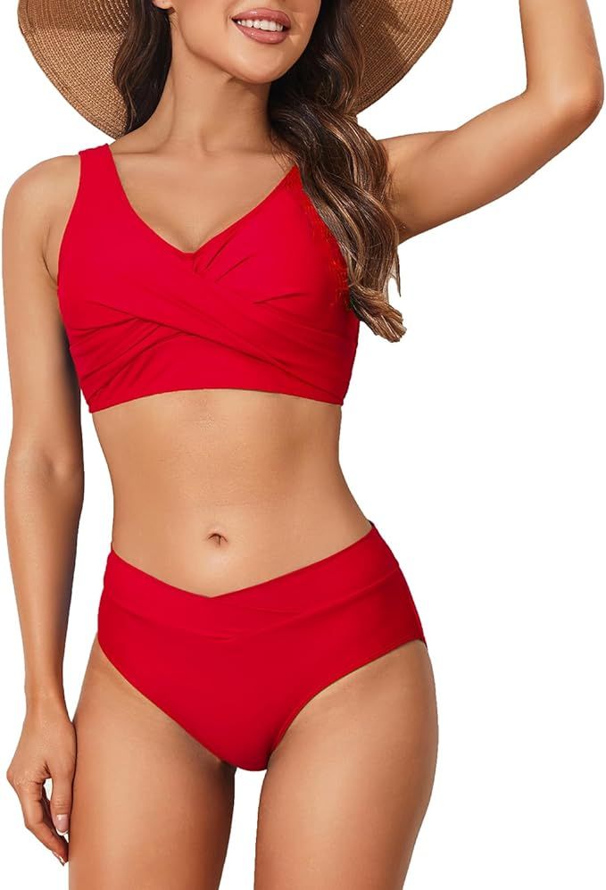 Limeeke Women's High Waisted Bikini Set Twist Front Two Piece Swimsuit Lace Up Tie Back Bathing S... | Amazon (US)
