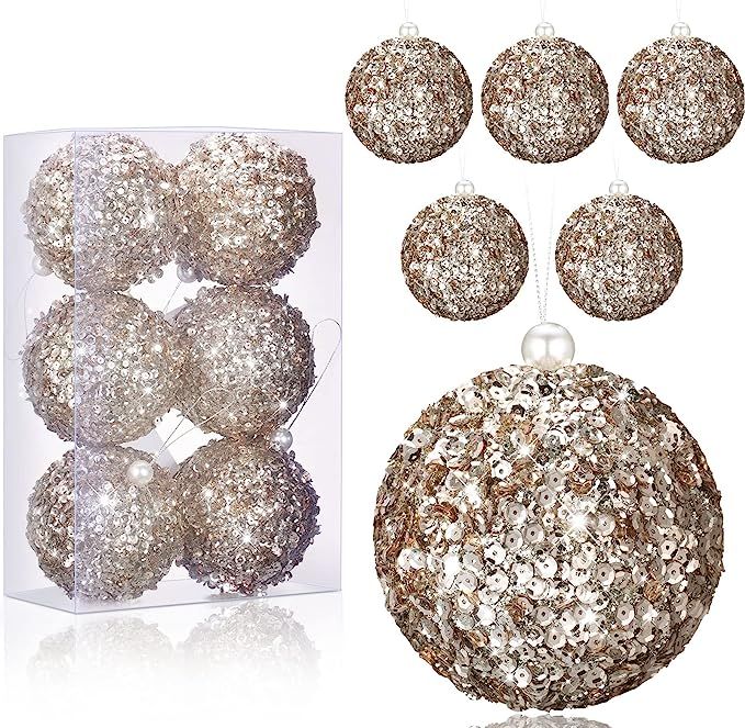 6 Pieces Christmas Ornaments Set Plastic Christmas Ornaments Balls Bulk Large Shatterproof Glitte... | Amazon (US)
