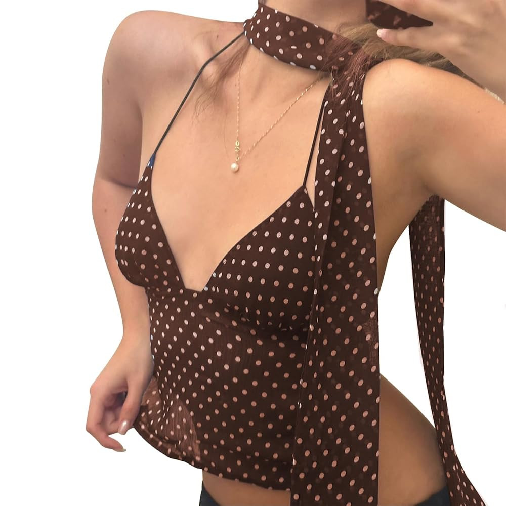 Womens Polka Dot Halter Neck Top Backless Cami Tank Top for Going Out Clubwear | Amazon (US)
