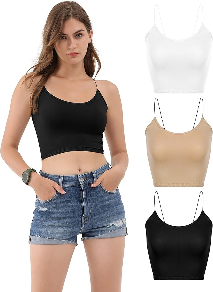 ODODOS Women's Crop 3-Pack Washed Seamless Rib-Knit Camisole Crop Tank Top | Amazon (US)