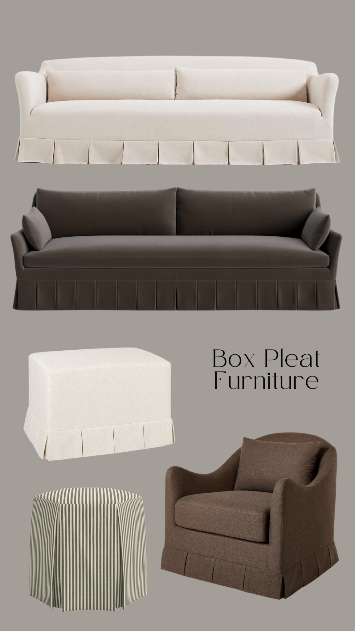 Box pleated sofa, ottomans, and chair

Slipcover furniture, slipcover sofa, skirted sofa, skirted accent chairs, skirted ottoman, small ottoman, traditional style, modern traditional, velvet sofa, linen sofa



#LTKStyleTip #LTKHome