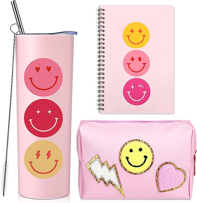 3 Pcs Pink Smile Face Gift Set Include 20 oz Preppy Stainless Steel Tumbler Preppy Spiral Noteboo... | Amazon (US)