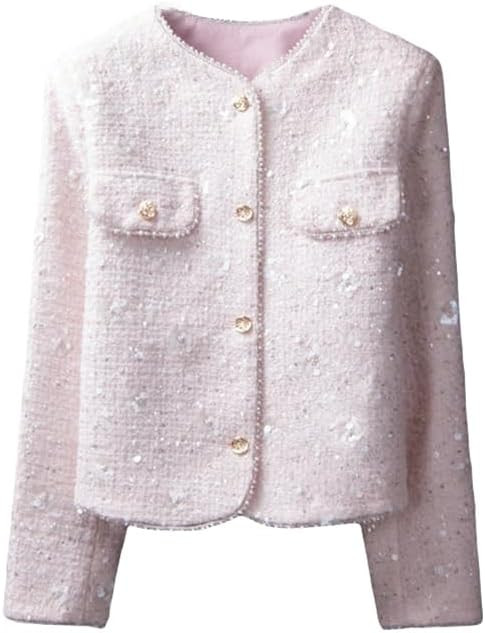 JYHBHMZG Women's Elegant Heavy Beaded Sequin Light Blue Tweed Jacket Spring Autumn Outerwear | Amazon (US)