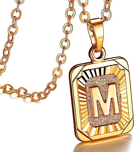 FOCALOOK Initial Letter Pendant Necklace Mens Womens Square Capital Letter Platinum/Yellow Gold P... | Amazon (US)