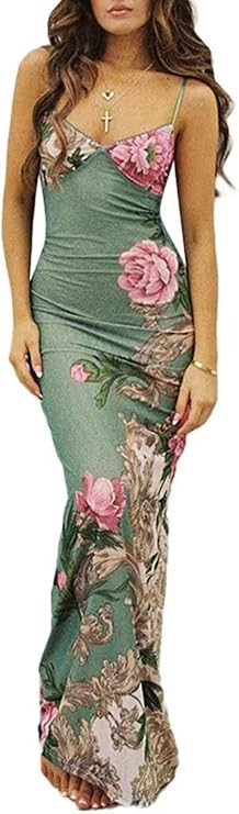 Women Vintage Spaghetti Strap Maxi Dress Sexy Low Cut Backless Floral Satin Slip Long Dress Y2k C... | Amazon (US)