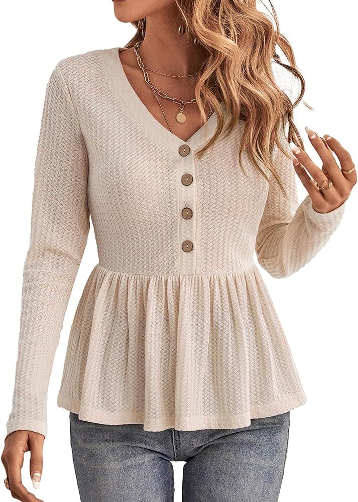 Women's Casual Peplum Tops V Neck Long Sleeve Waffle Knit Ruffle Hem Tunic Shirts Fall Winter 202... | Amazon (US)