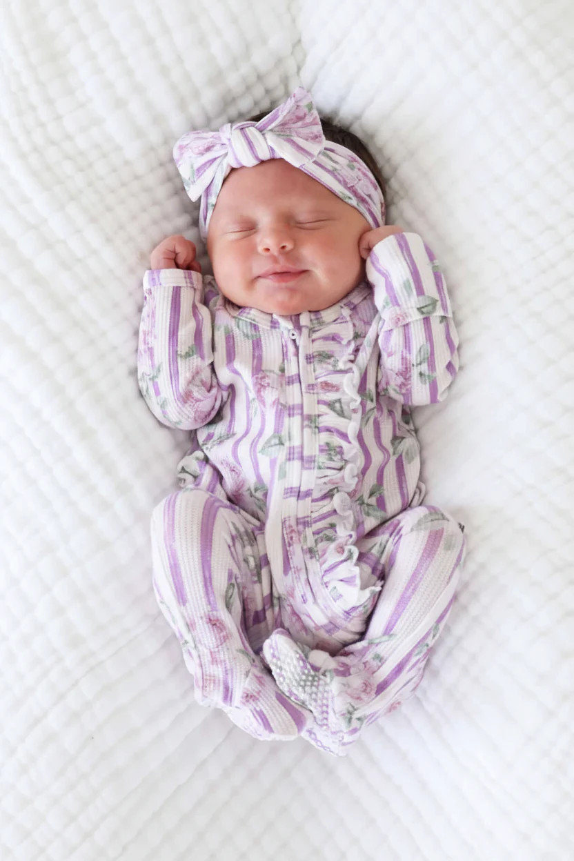 Lila's Lilacs Bamboo Waffle Ruffle Zipper Footie | Caden Lane