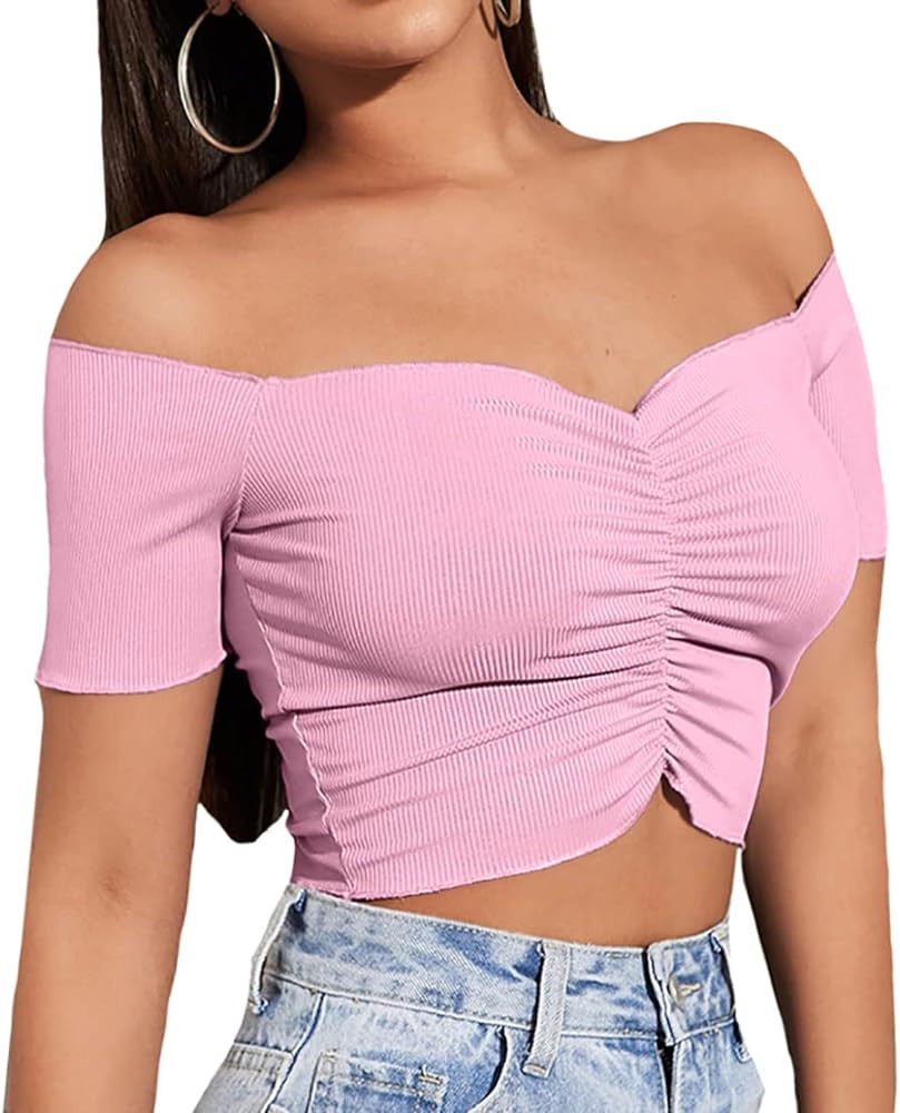 LYANER Women's Off Shoulder Ruched Short Sleeve Rib Knit Sexy Crop Top Blouse | Amazon (US)