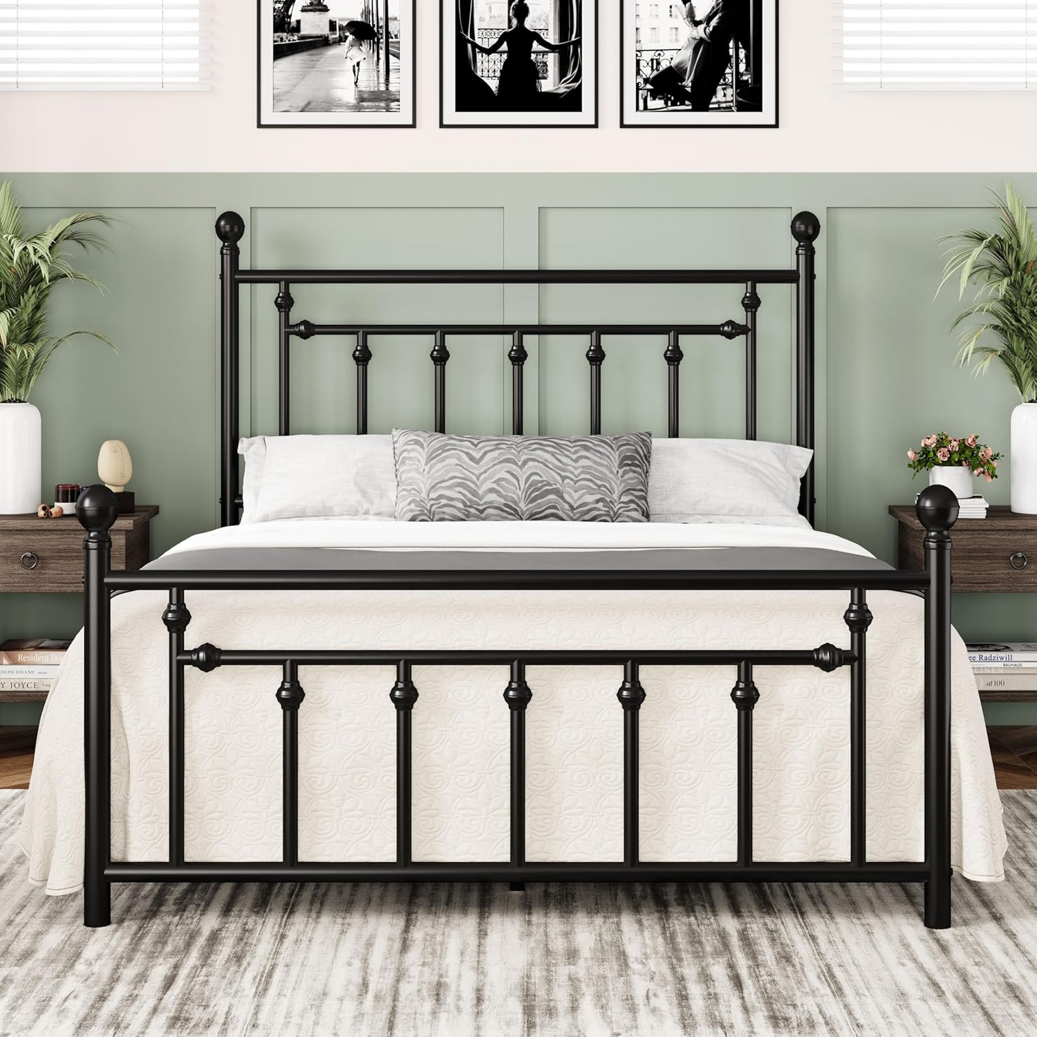 Allewie 14'' Queen Size Metal Platform Bed Frame, Vintage Headboard, Black | Amazon (US)