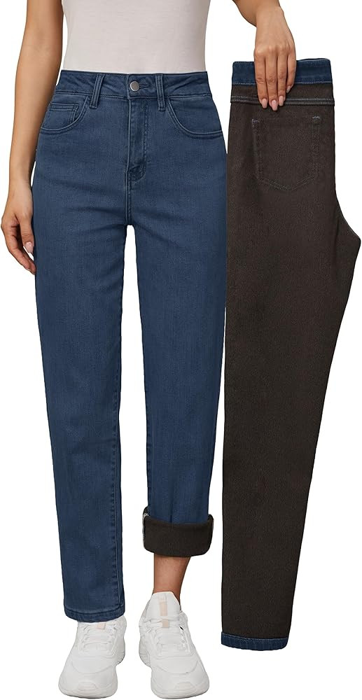 Arach&Cloz Women's Thin Fleece Lined Jeans High Waisted Stretch Warm Straight Leg Pants 2025 | Amazon (US)