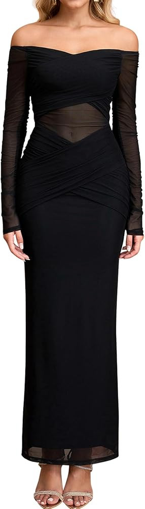 KUTUMAI Women Sheer Long Sleeve Off Shoulder Formal Cocktail Wedding Guest Dresses Fall Mesh Ruch... | Amazon (US)