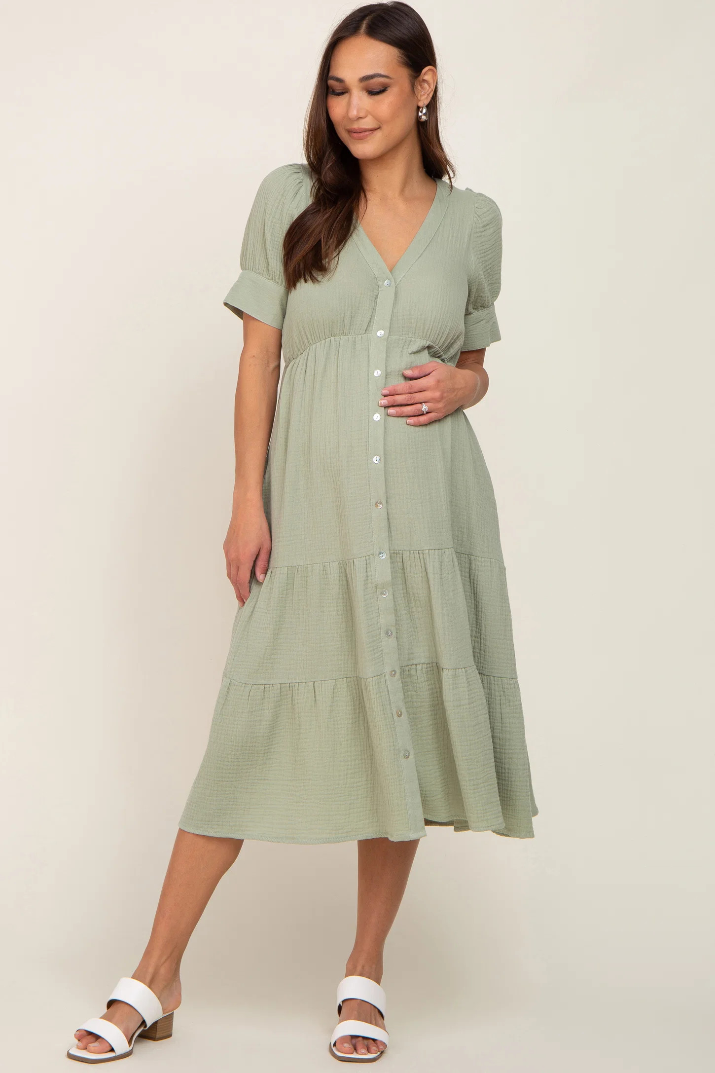 Mint Button Down Short Sleeve Maternity Dress | PinkBlush Maternity
