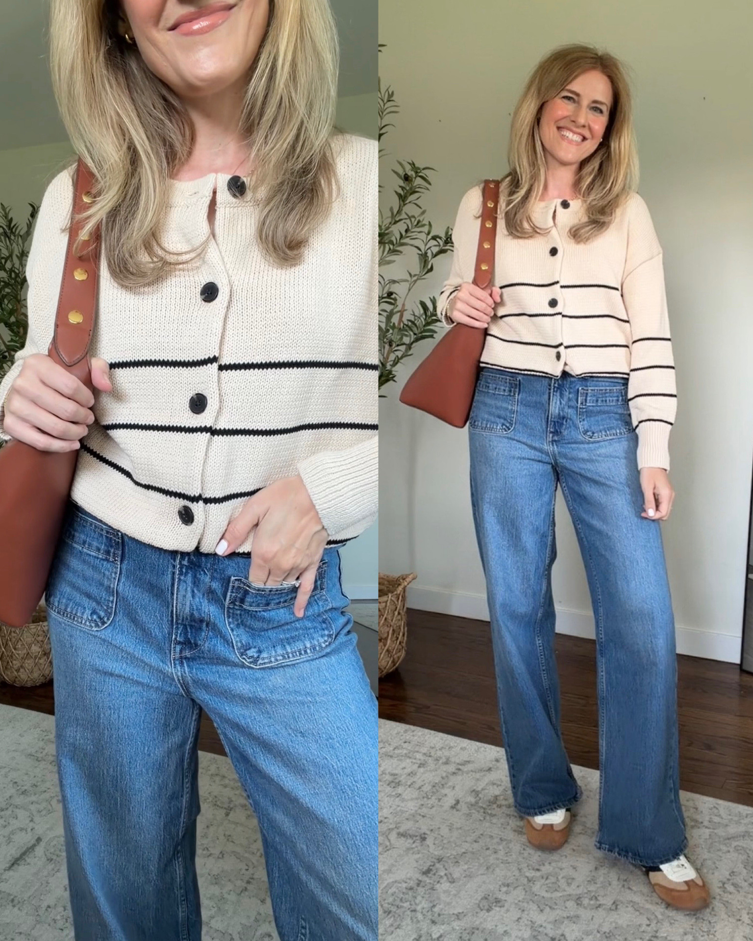 Cotton stripe cardigan at Walmart and my favorite wide leg jeans restocked. Small in the sweater; tts 6 jeans. #walmartfashion

#LTKOver40 #LTKSaleAlert