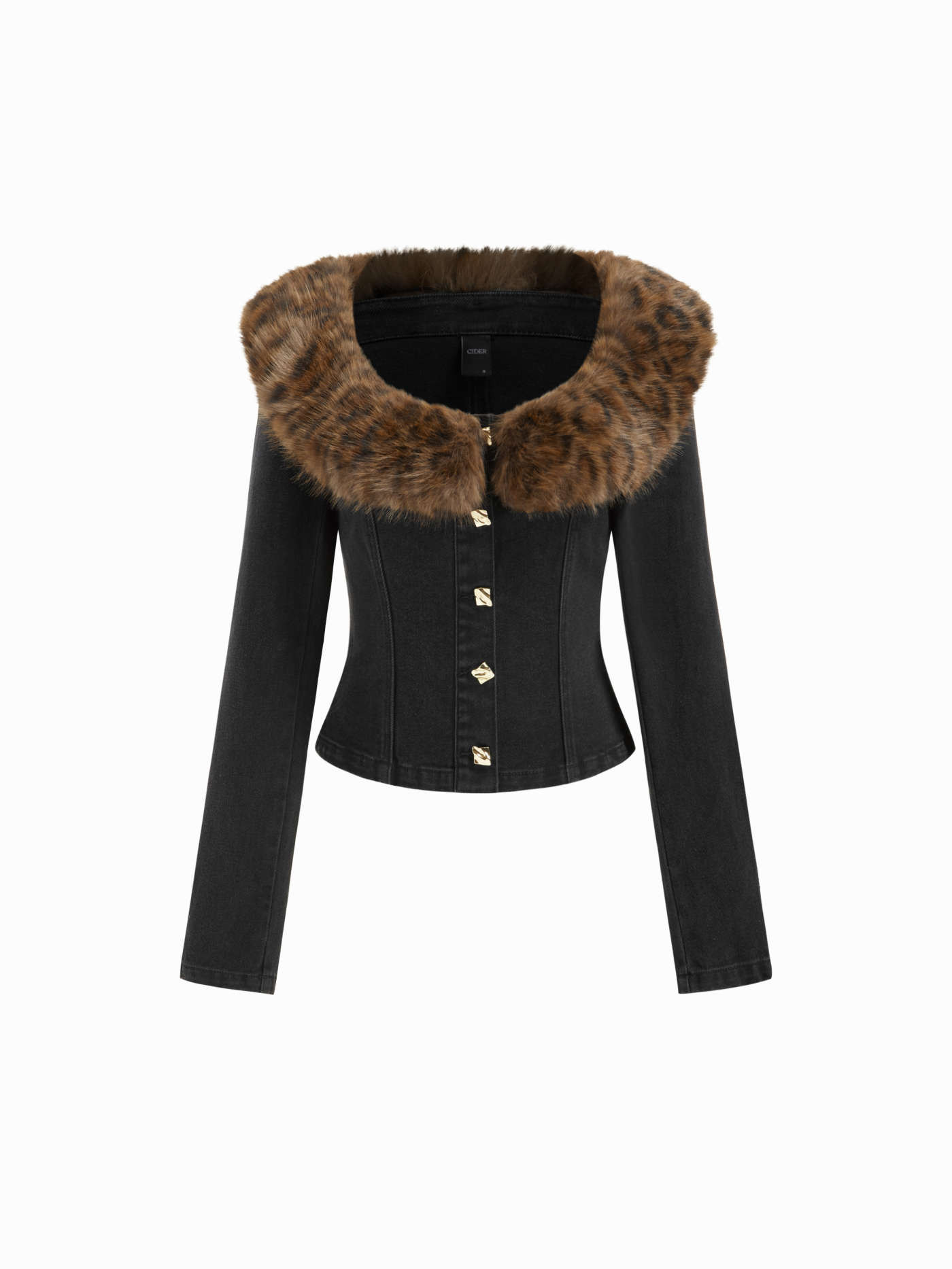 Stretch Denim Faux Fur Trim Scoop Neckline Long Sleeve Jacket | Cider