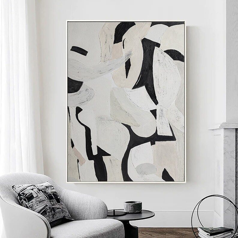 Large BeigeWhite black Minimalist Abstract Painting Minimalist Painting On Canvas Textured Painti... | Etsy (US)