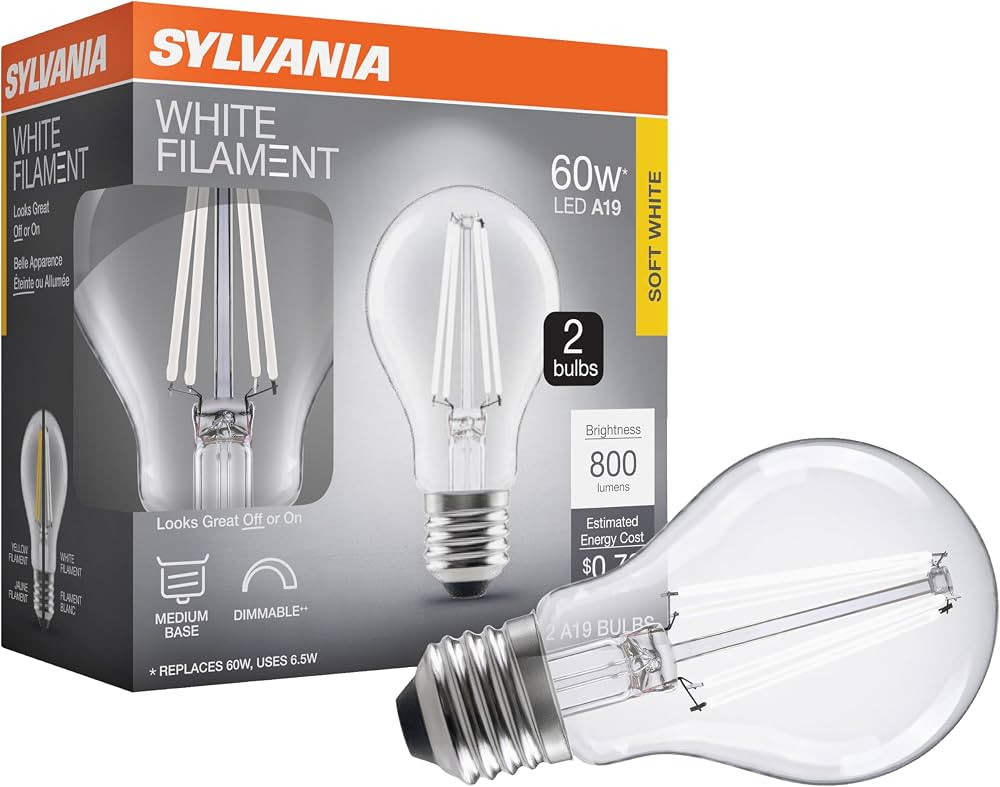 Sylvania A19 Clear LED White Filament Bulb, 6.5W, Dimmable, 800 LMS, Medium Base, 2700K, Soft Whi... | Amazon (US)