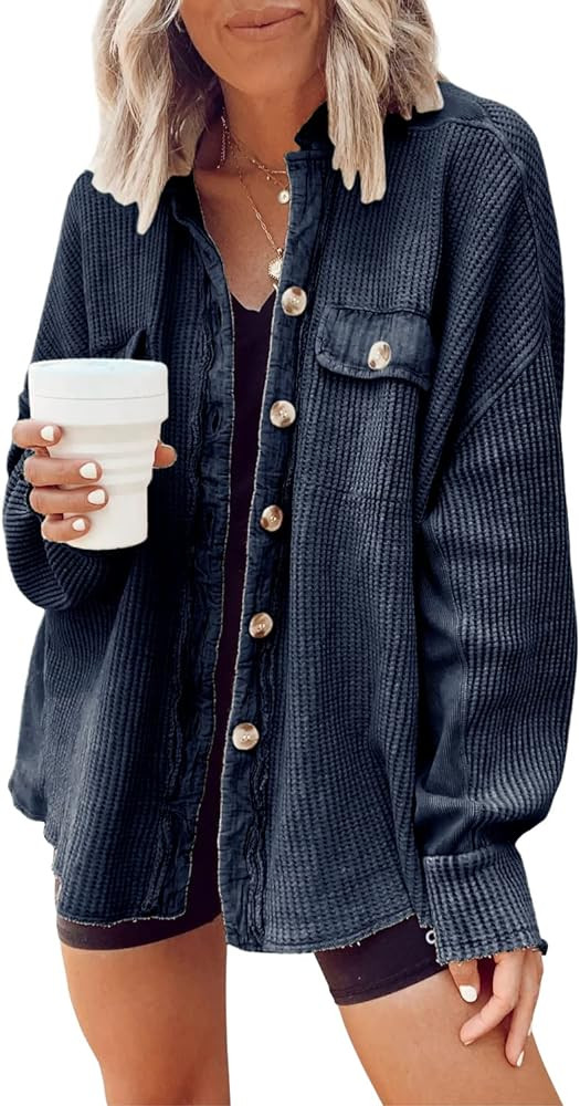 chouyatou Women's Loose Fit Batwing Sleeve Waffle Knit Button Down Shirt Shacket Tops | Amazon (US)