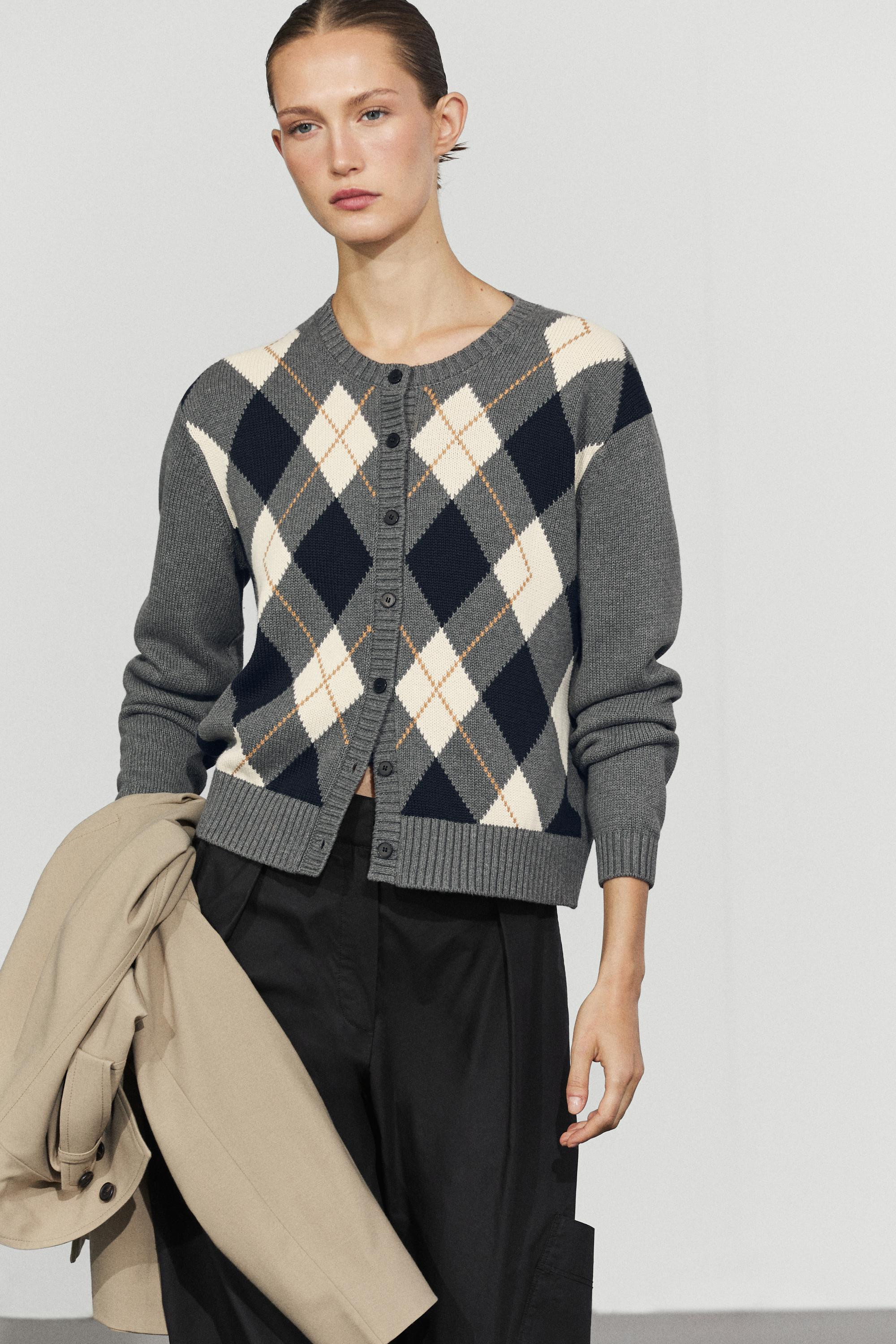 Cardigan en maille \u00e0 motif losanges 100 % coton | Massimo Dutti FR