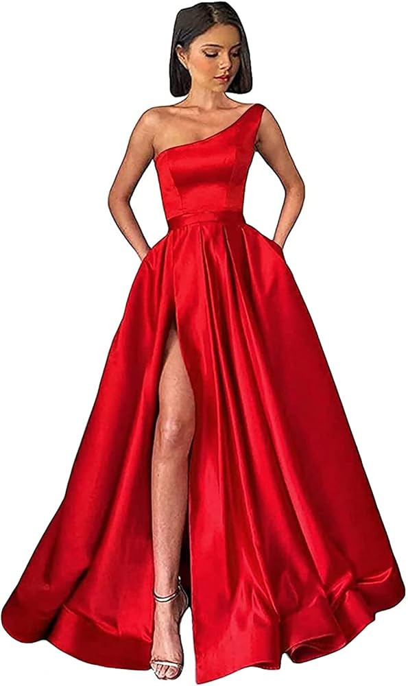 GUKARLEED Women's One Shoulder Satin Prom Dresses Slit Long Ball Gowns Formal Evening Dress with ... | Amazon (US)